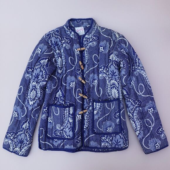 Vtg Chandni Boho Floral Quilted Jacket Women’s M Blue White Frog Button Indie - Picture 6 of 11
